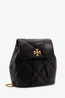 Black quilted leather tory burch kira diamond backpack with gold-tone logo clasp and chain strap for women