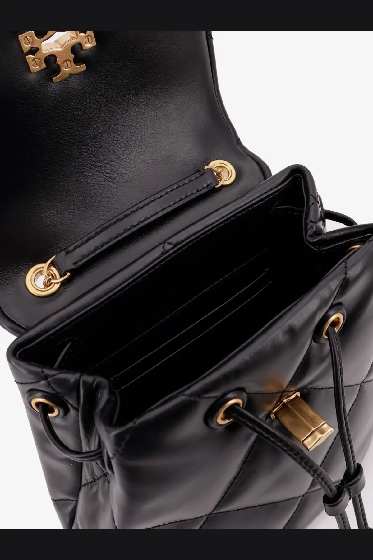 Black quilted leather Tory Burch women’s Kira diamond backpack with gold-tone hardware and drawstring closure