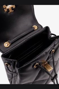Black quilted leather Tory Burch women’s Kira diamond backpack with gold-tone hardware and drawstring closure