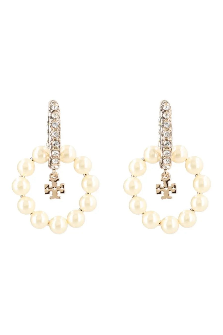 Tory burch women’s kira earrings white pearl hoops with silver-toned tops and dangling cross charms
