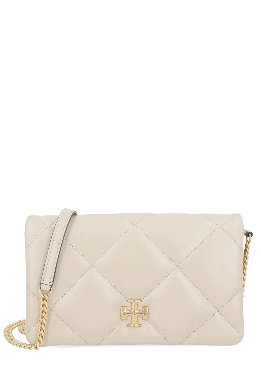 Cream-colored quilted leather crossbody bag with gold-tone chain strap and prominent Tory Burch logo clasp