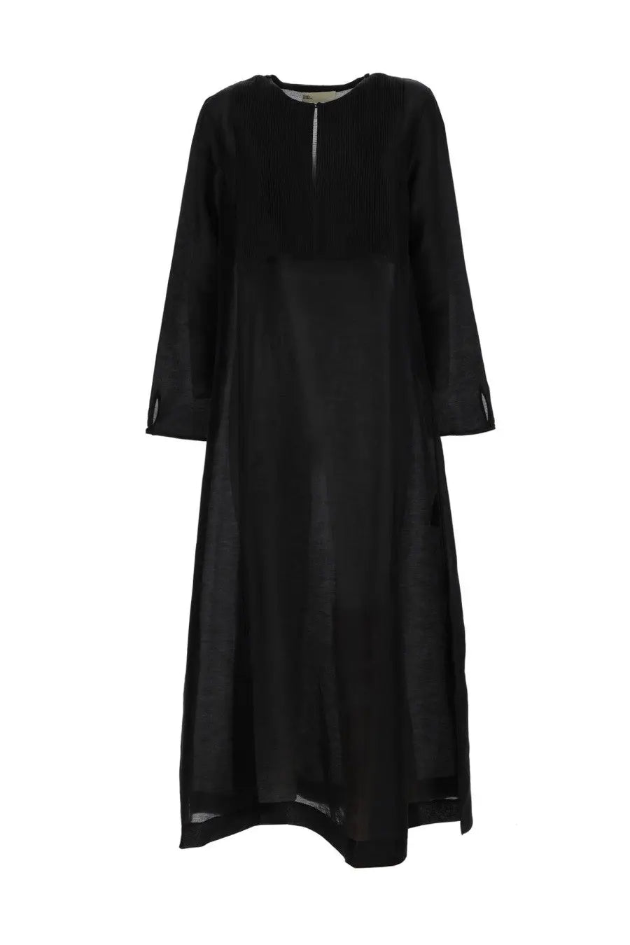 Tory Burch women’s black long linen caftan with subtle sheen and asymmetrical hemline in long-sleeved design