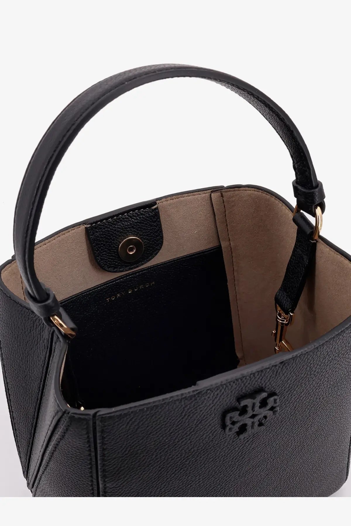 Tory Burch women’s Mcgraw small black leather bucket bag with textured finish gold-tone hardware and embossed logo