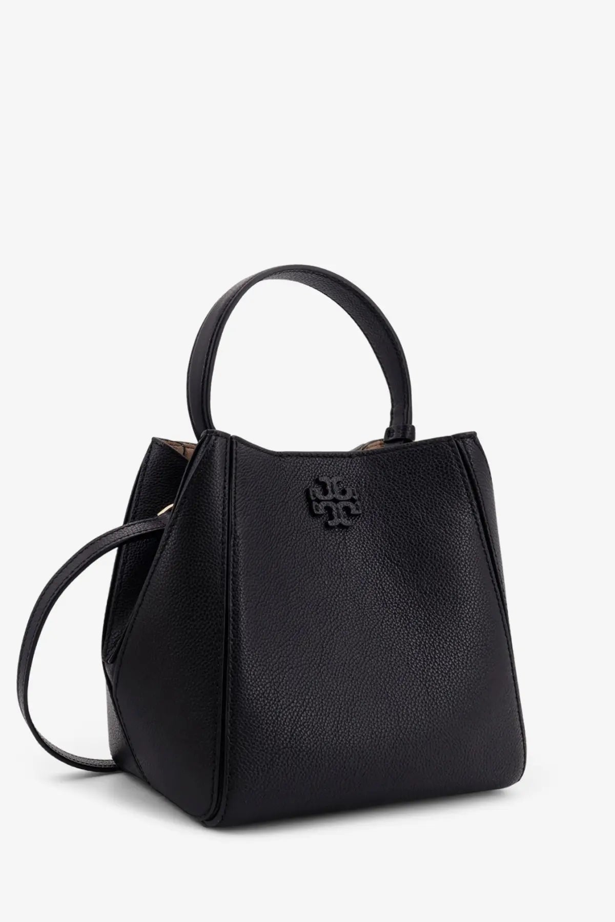 Black textured leather tote bag with top handle detachable shoulder strap featuring tory burch logo emblem