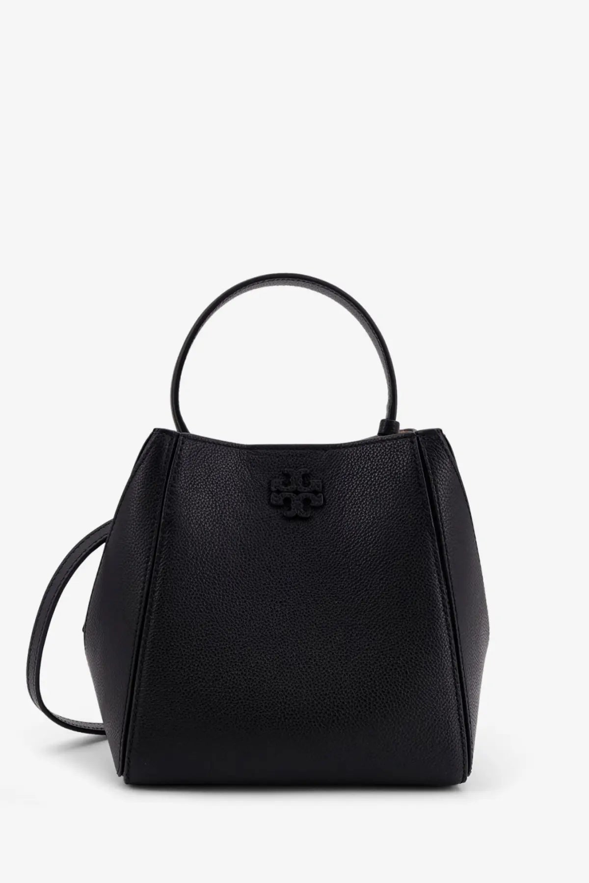 Tory Burch women’s McGraw small black leather tote bag with textured finish circular top handle and adjustable strap