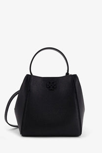 Tory Burch women’s McGraw small black leather tote bag with textured finish circular top handle and adjustable strap