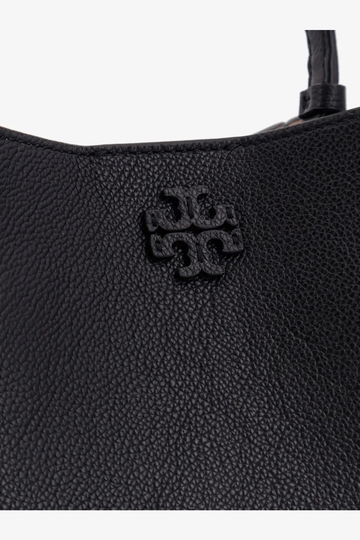Black textured leather tote bag with raised embossed Tory Burch logo for women Mcgraw small leather bucket bag