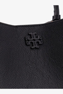Black textured leather tote bag with raised embossed Tory Burch logo for women Mcgraw small leather bucket bag