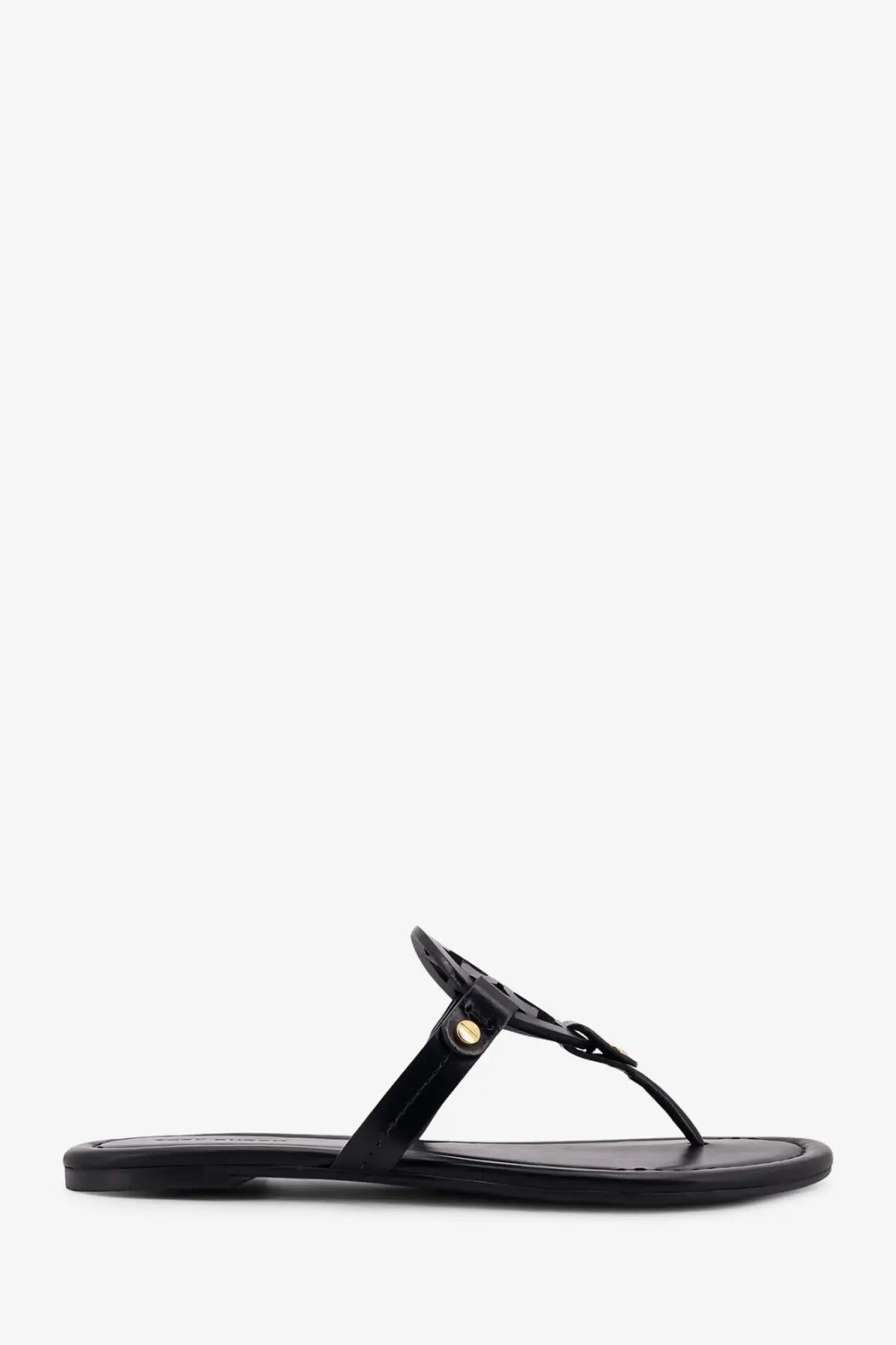 Black patent leather tory burch miller thong sandal with gold-tone logo clasp for women