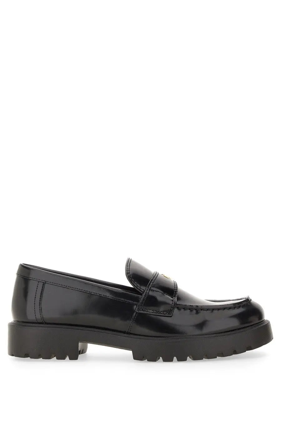 Tory burch women’s mocassino classico black patent leather loafer with chunky textured sole front view