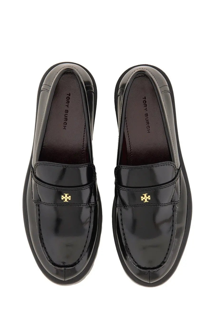 Tory burch women’s mocassino classico black patent leather loafers with gold-tone logo on the front