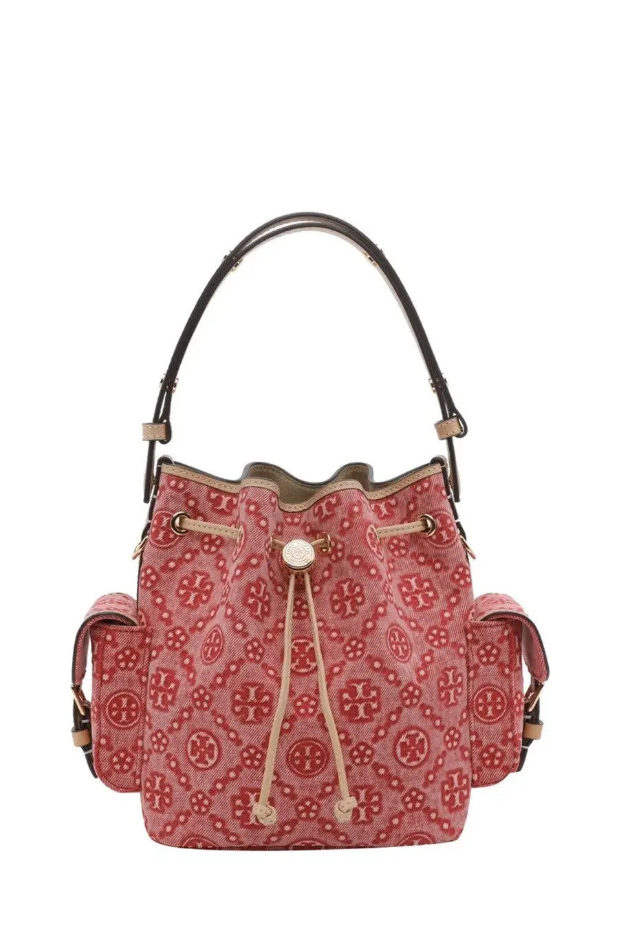 Red canvas tory burch women’s bucket bag with repeating monogram pattern and black leather handles