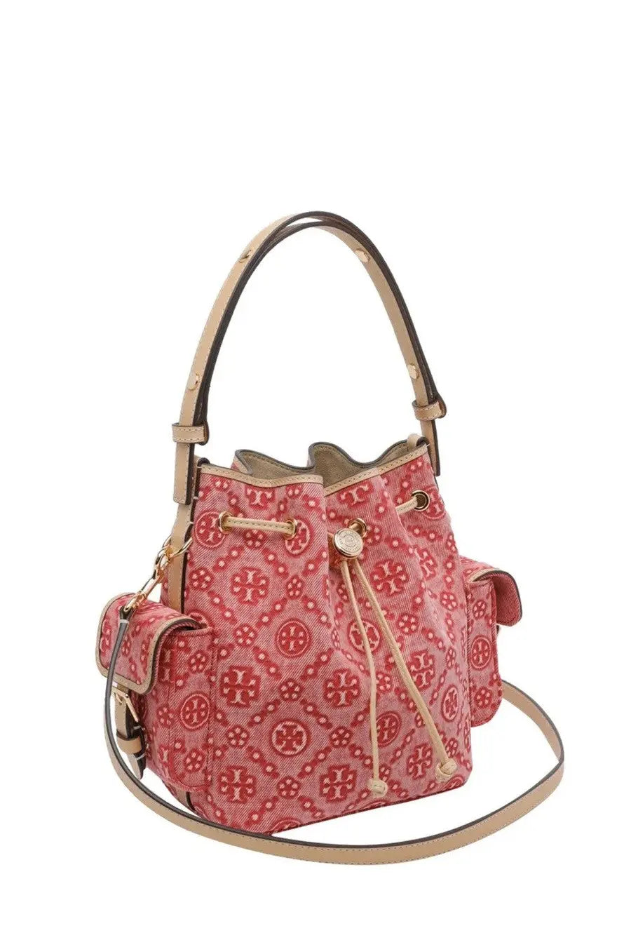 Pink canvas bucket bag with red monogram pattern and beige leather handles and trim by tory burch women’s monogram bag red