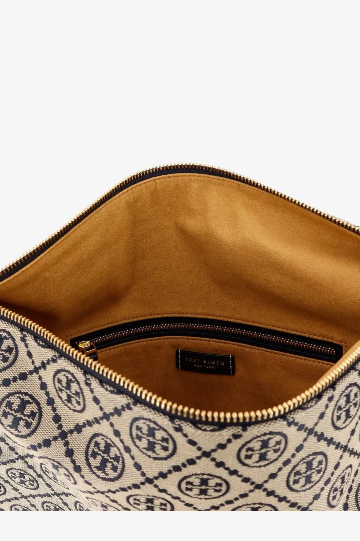 Beige and navy blue patterned tory burch monogram jacquard fabric shoulder bag with tan interior lining blue