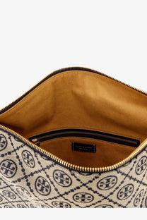 Beige and navy blue patterned tory burch monogram jacquard fabric shoulder bag with tan interior lining blue