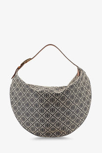 Beige and black patterned tory burch monogram balloon jacquard fabric shoulder bag with curved hobo silhouette