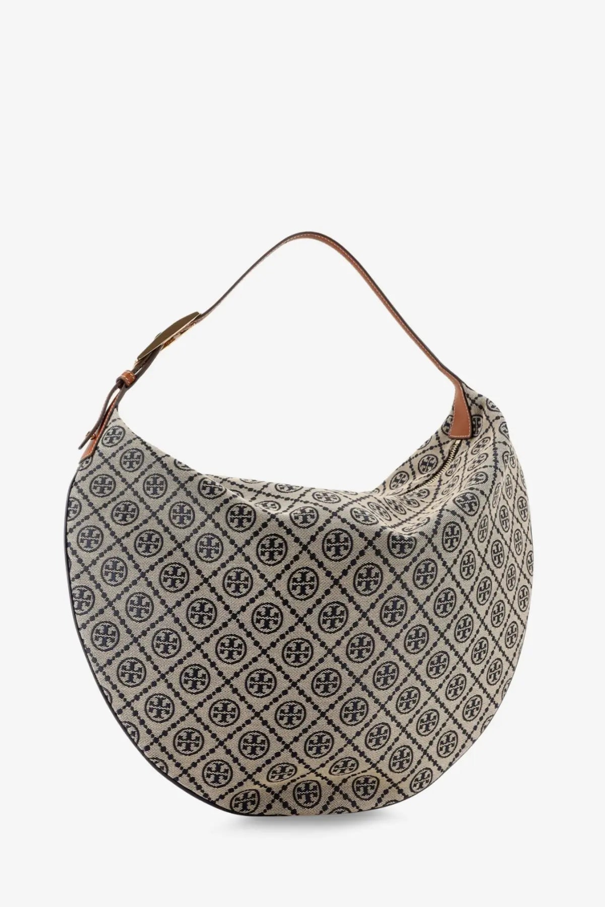 Beige and black patterned tory burch monogram balloon jacquard fabric shoulder bag with curved design in blue