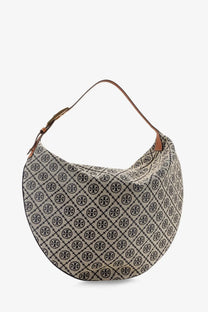 Beige and black patterned tory burch monogram balloon jacquard fabric shoulder bag with curved design in blue