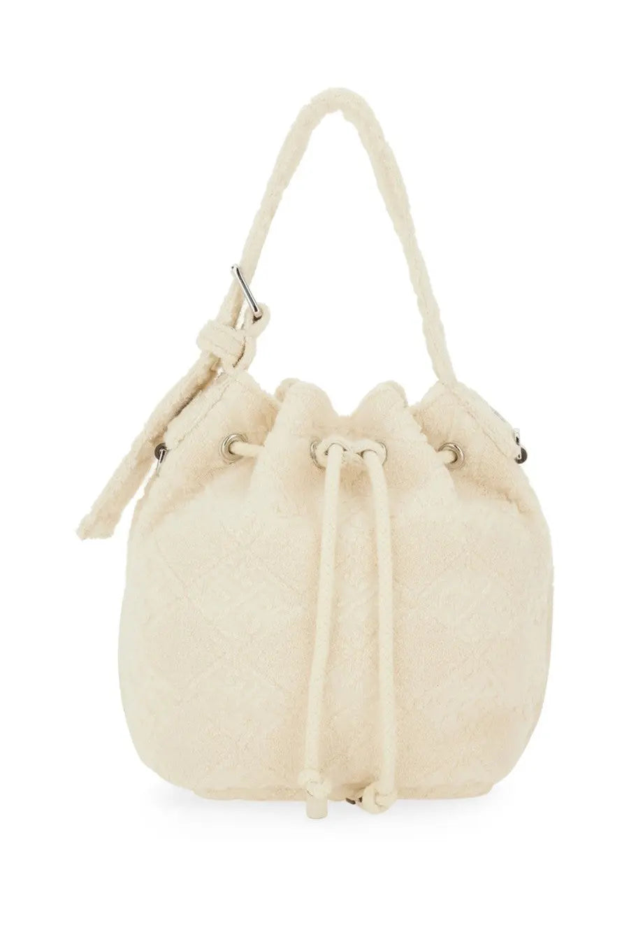 Tory Burch women’s monogram mini bucket bag in cream faux fur with matching drawstring closure and sturdy handle