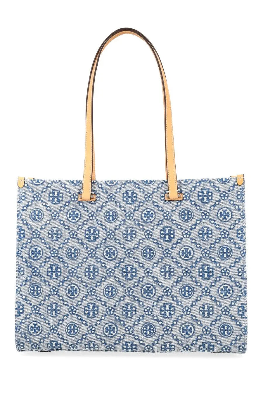 Tory Burch women’s monogram shopper bag in blue with white pattern and tan leather handles tote bag