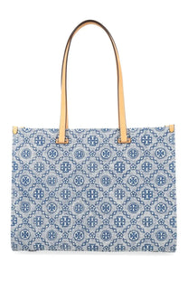 Tory Burch women’s monogram shopper bag in blue with white pattern and tan leather handles tote bag