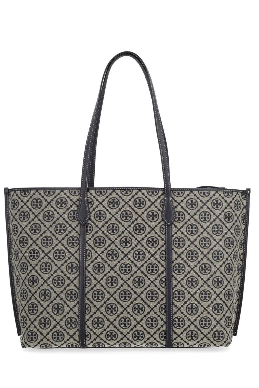 Tory Burch women’s monogram tote bag in black and beige with leather handles and repeating pattern