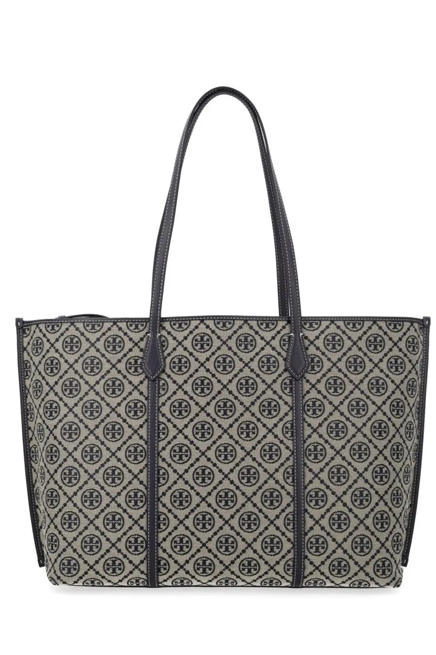 Tory Burch women’s monogram tote bag in black and beige with dark leather handles and repeating monogram pattern