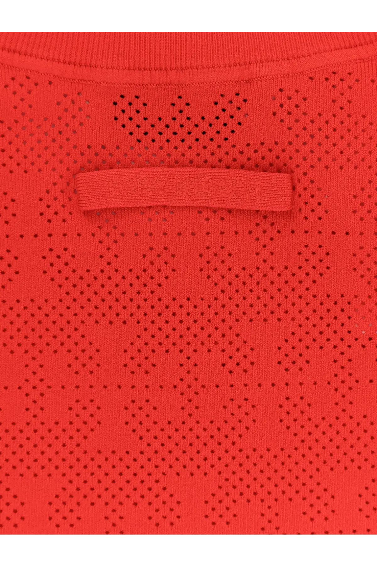 Tory Burch women’s bright red perforated knit sweater with subtle texture and matching ribbed neckline band in viscose blend