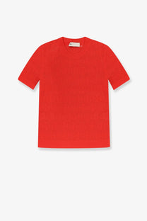 Tory Burch women’s red viscose blend knit tee with short sleeves and a subtle textured pattern
