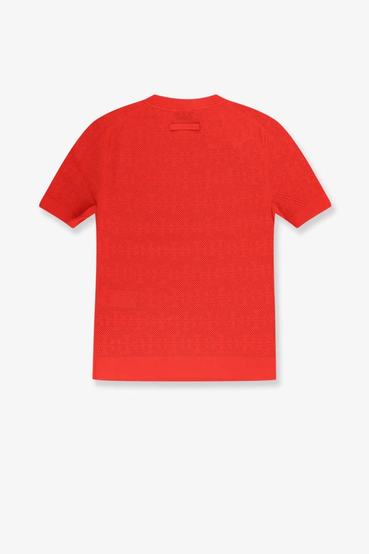 Tory Burch women’s red short-sleeved t-shirt with textured perforated viscose blend knit fabric and neckline tag