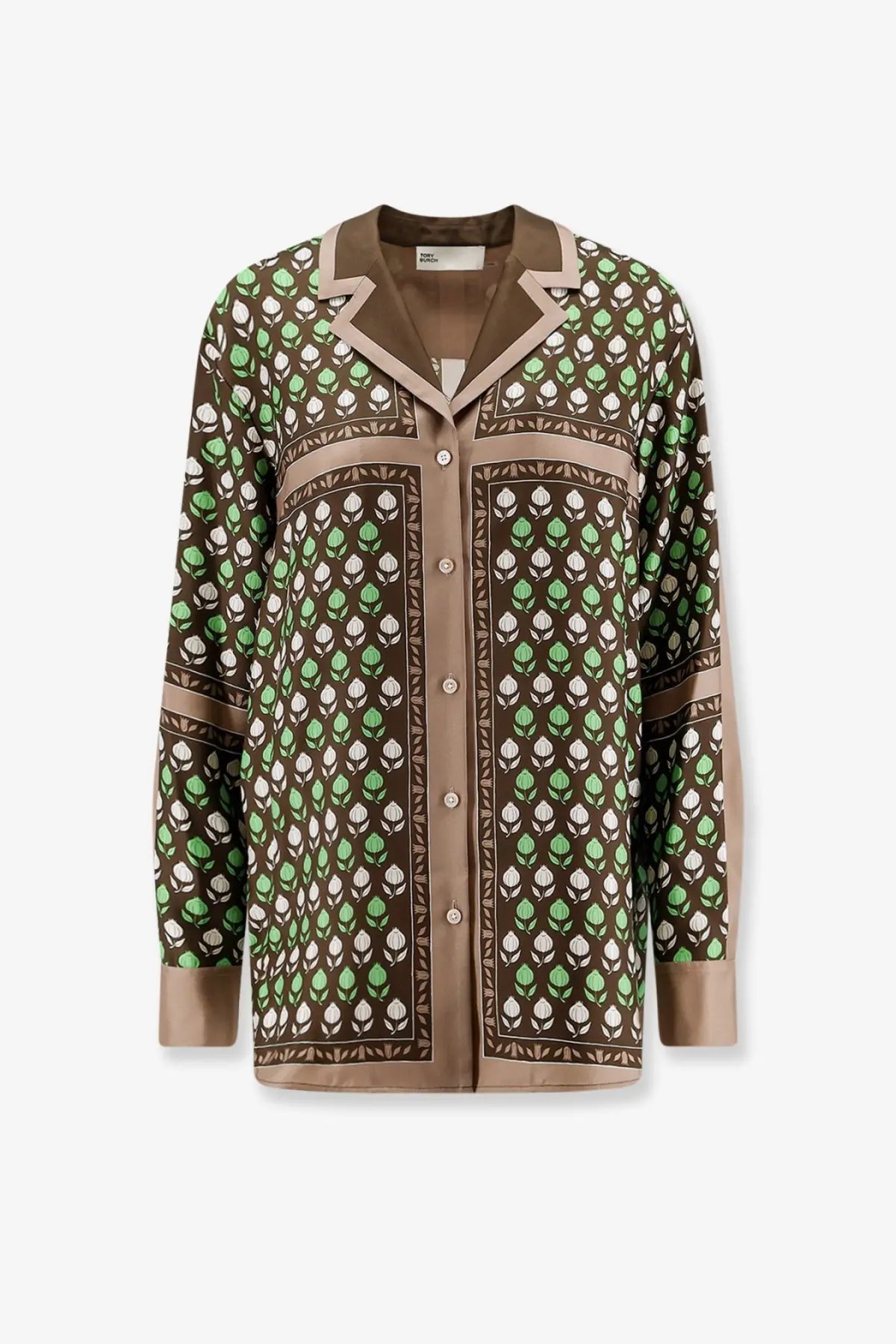 Tory Burch women’s long-sleeved silk blouse in rich olive green with light green and cream leaf pattern and beige trim