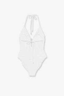 Tory Burch women’s white nylon one-piece swimsuit with halter neck and front tie closure with decorative embellishment