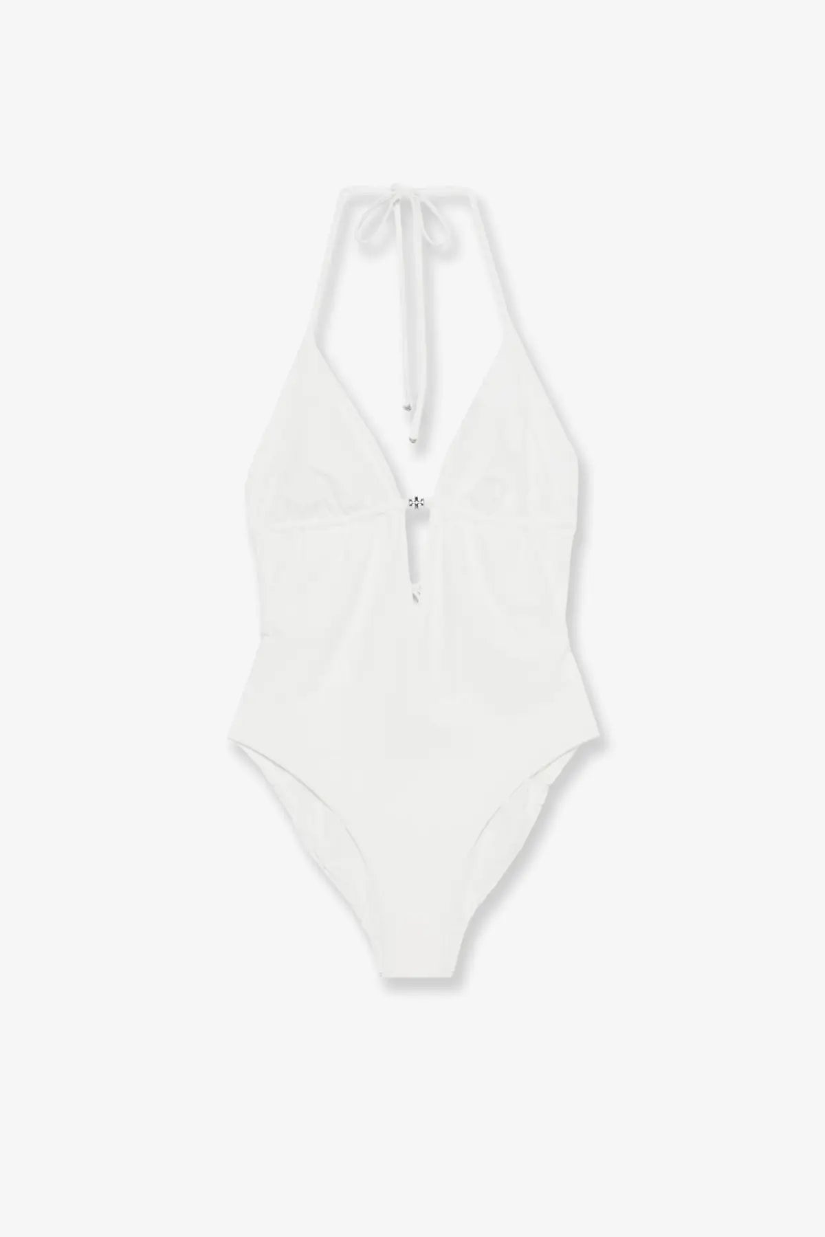White nylon one-piece swimsuit by tory burch with halter neck and front zipper closure