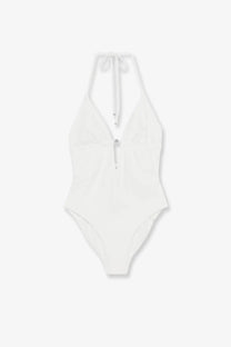 White nylon one-piece swimsuit by tory burch with halter neck and front zipper closure