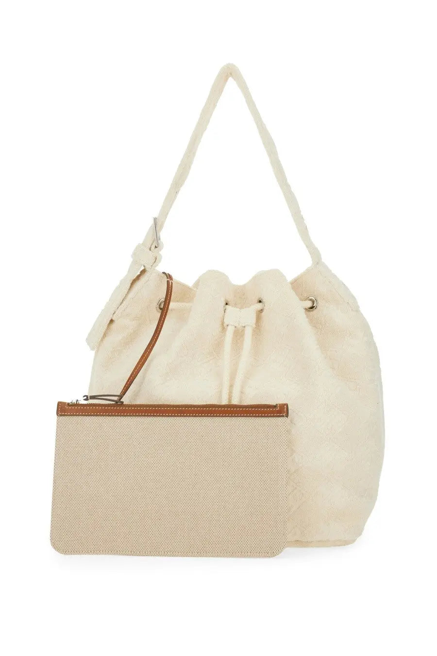 Cream-colored canvas Tory Burch oversized monogram bucket bag with tan leather trim and drawstring closure white