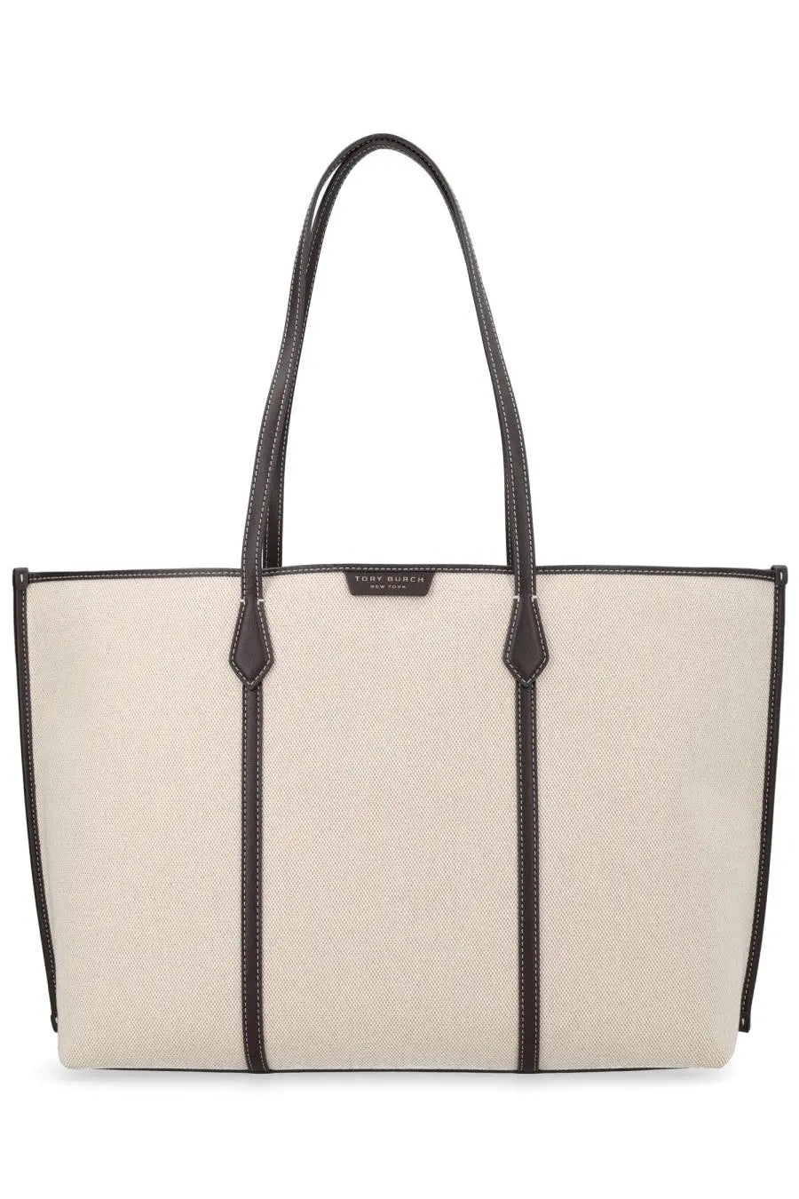 Beige canvas tote bag with dark brown leather handles and trim featuring minimalist design by Tory Burch Women’s Perry Bag