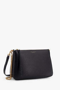 Black leather Tory Burch women’s Perry shoulder bag with gold-tone chain strap and embossed logo on front