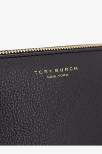 Black tory burch women’s perry leather shoulder bag clutch with textured leather gold-tone zipper and embossed logo