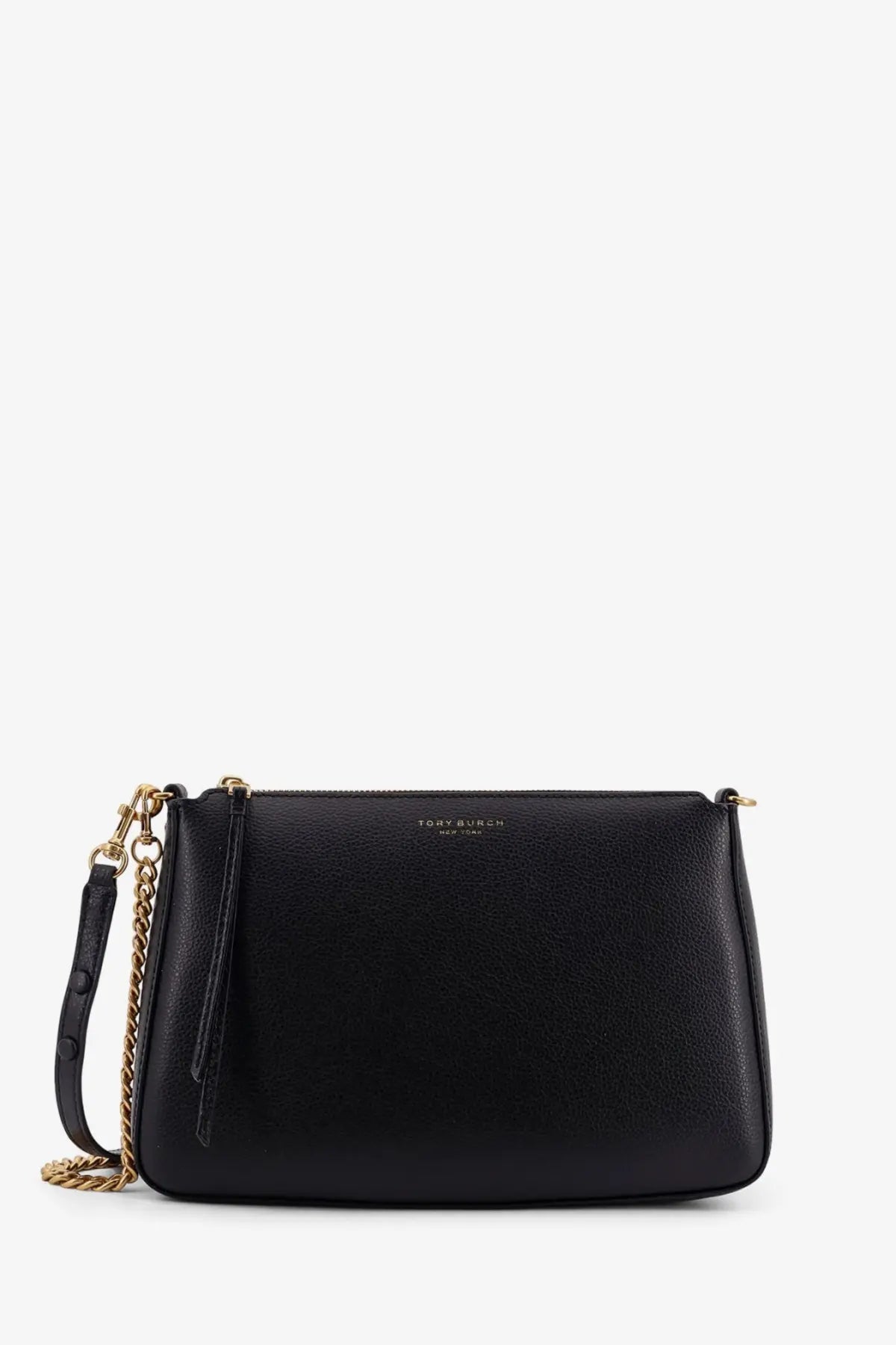 Tory Burch women’s Perry leather shoulder bag black with textured leather and gold-tone chain crossbody strap
