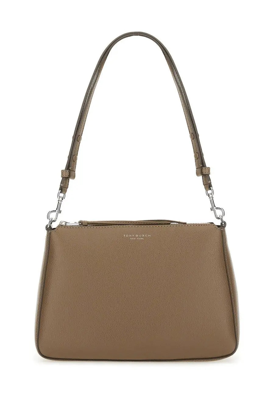 Tory Burch women’s Perry shoulder bag grey taupe leather crossbody with textured surface and silver-toned hardware