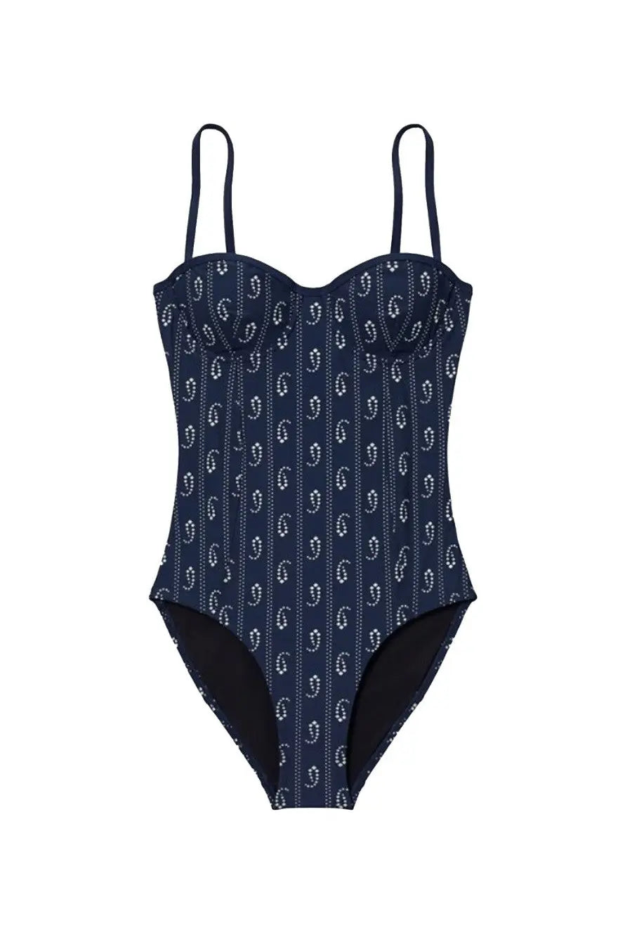 Tory Burch women’s navy blue one-piece swimsuit with fitted corset bodice and white paisley pattern with dotted lines