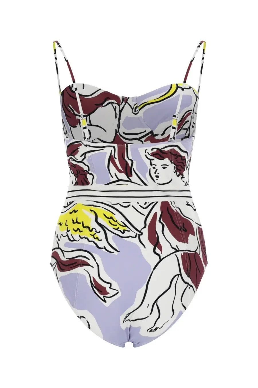 Tory Burch women’s one piece swimsuit with thin straps featuring a maroon and yellow angelic print on lavender