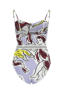 Tory Burch women’s one piece swimsuit with thin straps featuring a maroon and yellow angelic print on lavender