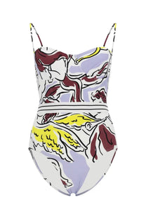 Tory Burch women’s one piece swimsuit in multicolor with bold maroon and yellow stylized figures on white and lavender background