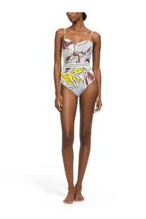 Tory Burch women’s one piece swimsuit with white base and bold maroon and yellow abstract patterns on bodice and hips