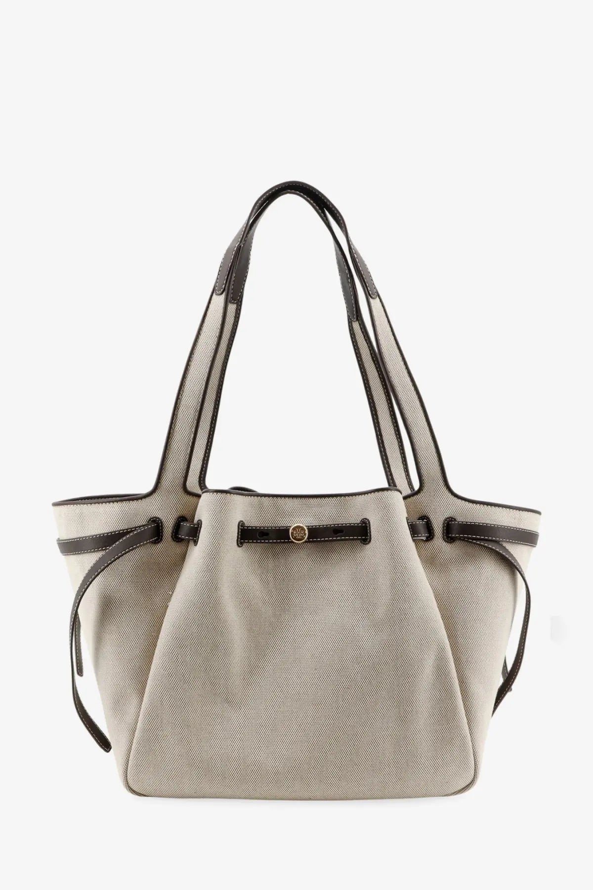 Beige canvas tote bag with black leather trim and handles by Tory Burch women’s Romy canvas tote bag grey product