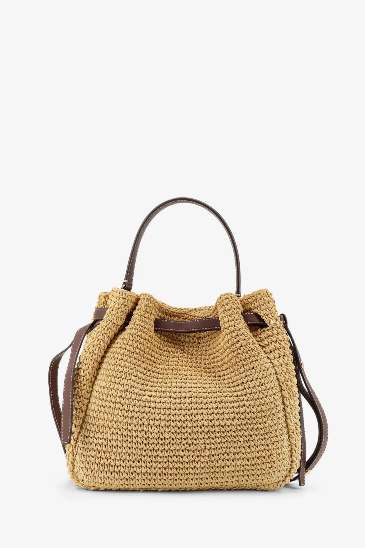 Tory Burch women’s Romy raffia and leather bucket bag in beige woven straw with brown leather handles and straps
