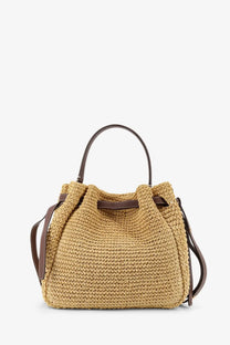 Tory Burch women’s Romy raffia and leather bucket bag in beige woven straw with brown leather handles and straps