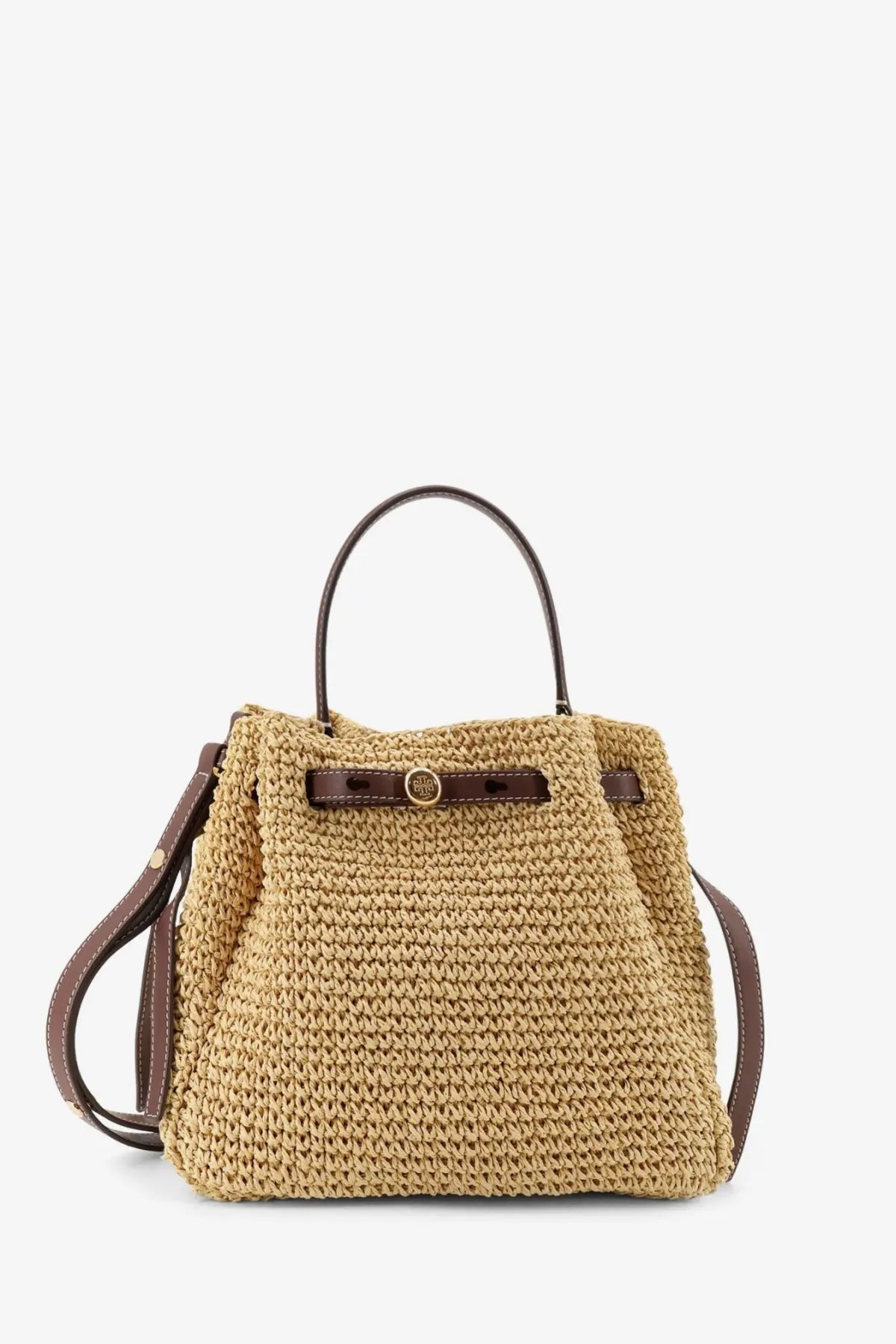 Tory burch women’s romy raffia and leather bucket bag white beige woven straw with brown leather handles and buckle closure