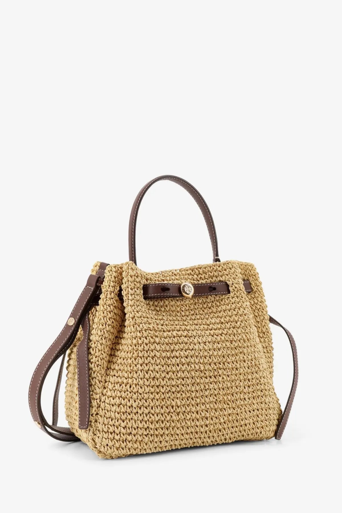 Tory Burch women’s Romy white bucket bag beige woven straw with brown leather handles strap and matching bow top